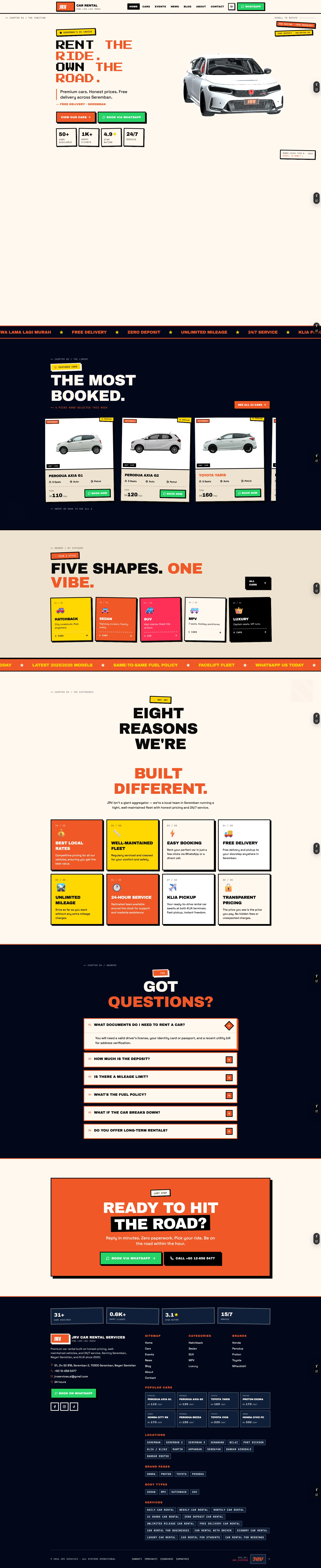 JRV Car Rental booking platform homepage with fleet listing