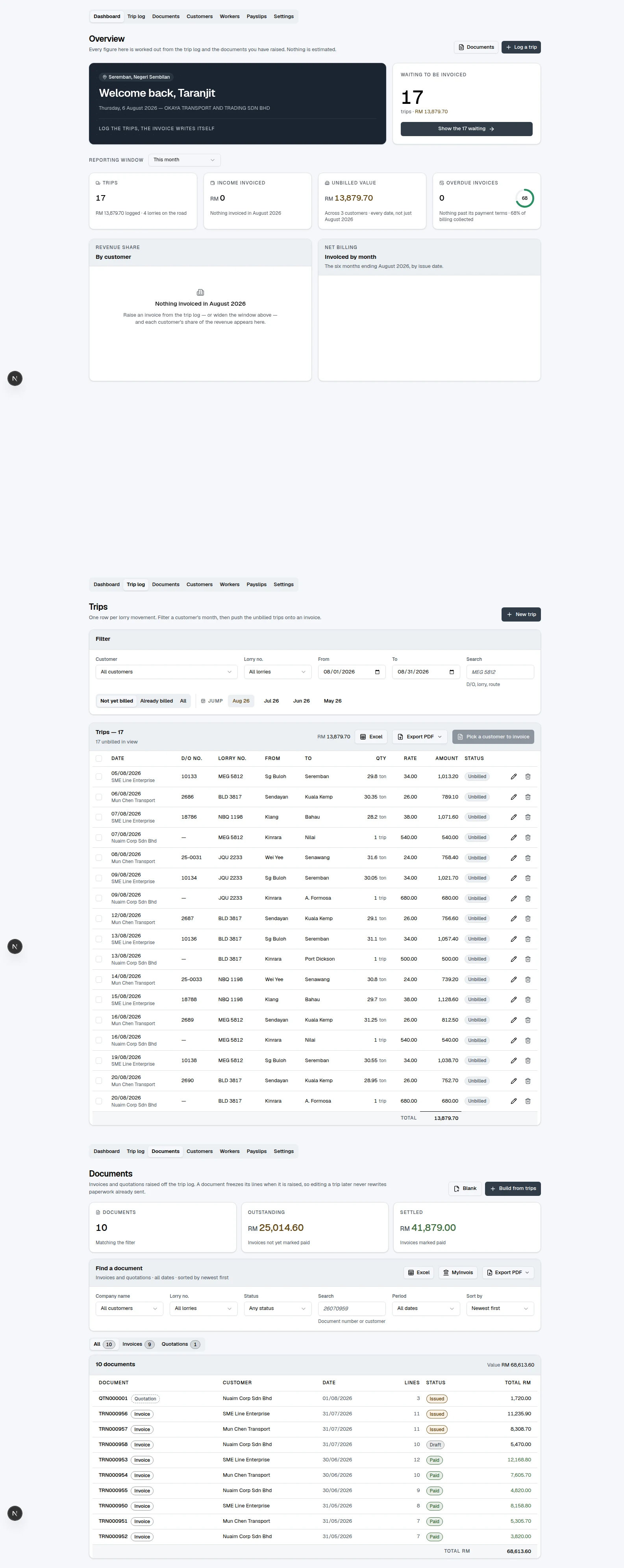 OKAYA Transport operations dashboard showing unbilled trips and monthly invoice totals